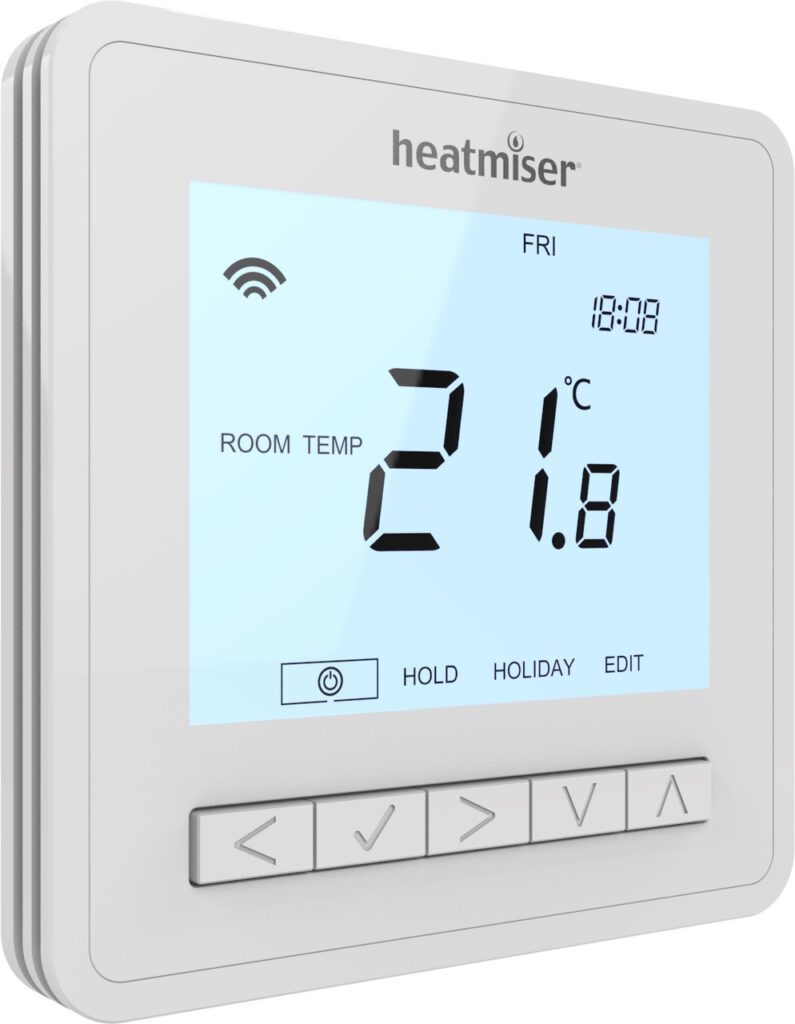 Thermostat for wireless communication with wiring centre and can be linked to a phone app to control the heating system