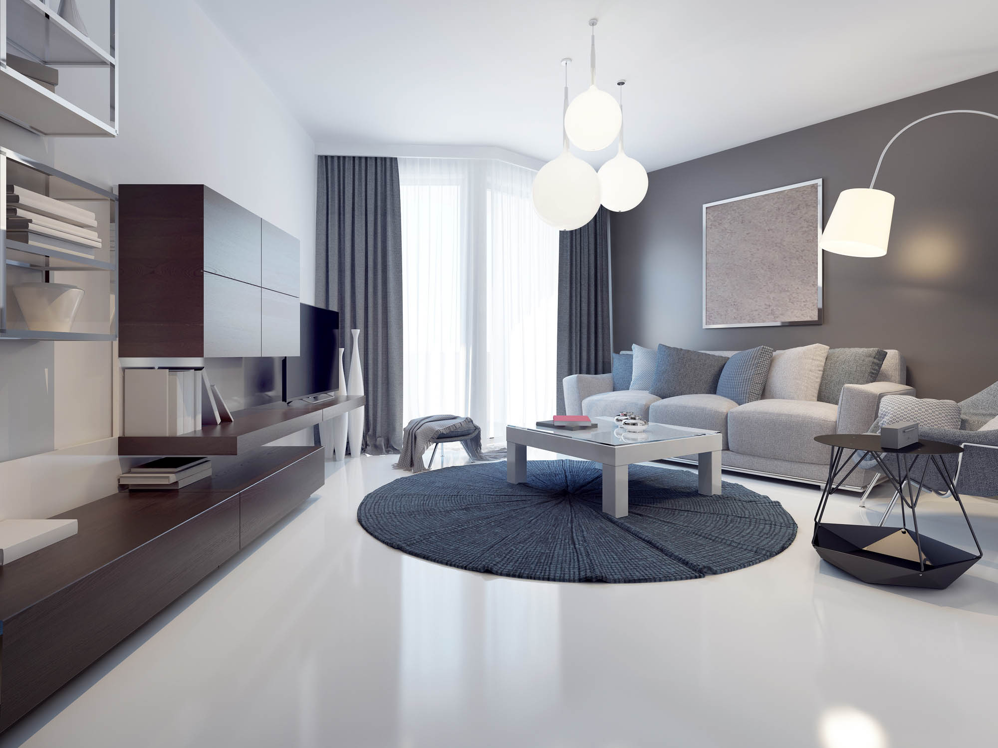 Contemporary living room. White and grey walls, polished and varnished white concrete flooring. Floor-to-ceiling panoramic windows.