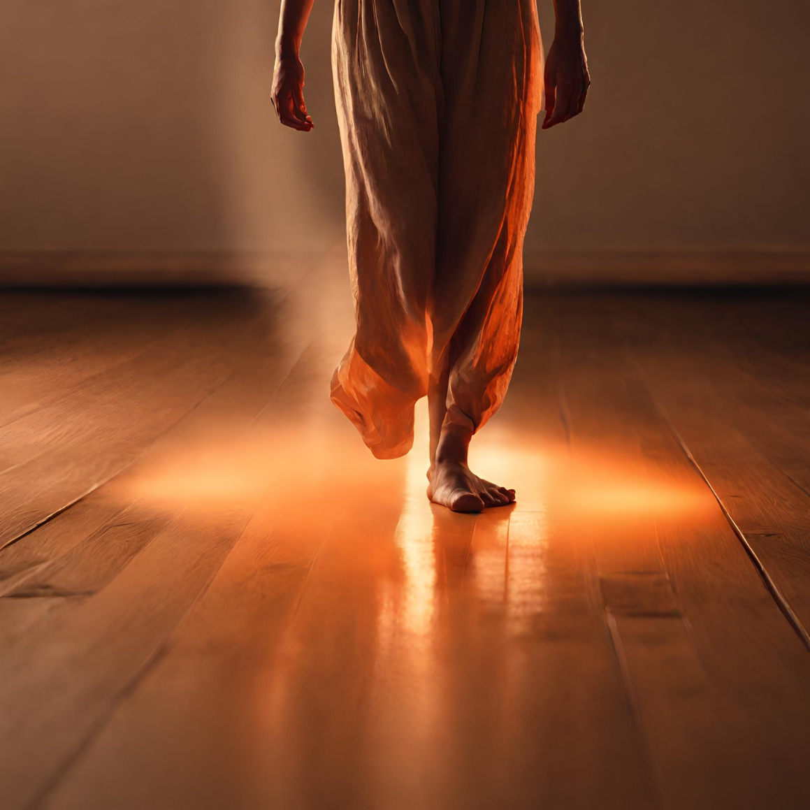 person walking barefoot over a wooden floor which is glowing orange to depict heat
